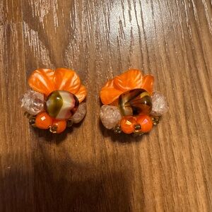 Vibrant Orange Floral vintage clip on Earrings